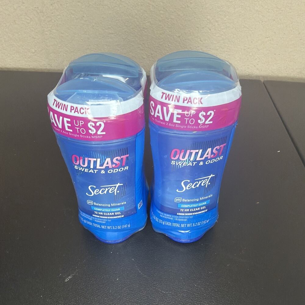 Secret Outlast Clear Gel Deodorant 2 Twin Packs 4 Sticks 2.6 oz NEW